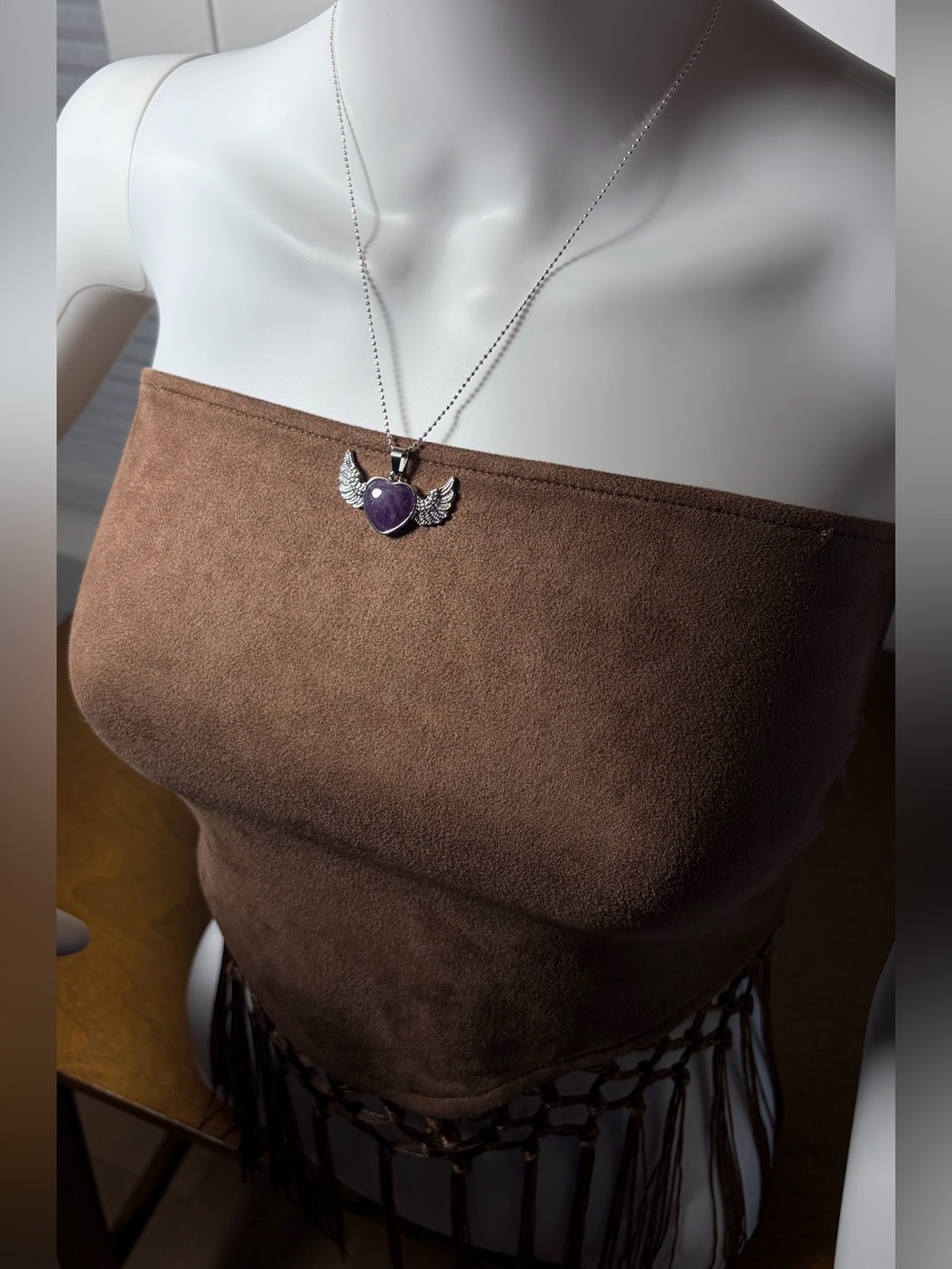 Amethyst Silver Winged Heart Pendant Necklace - Picture 7 of 13